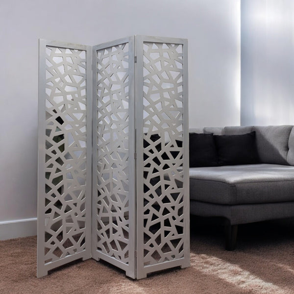 Homeroots 50" Gray Solid Wood Folding Three Panel Screen Room Divider   342745