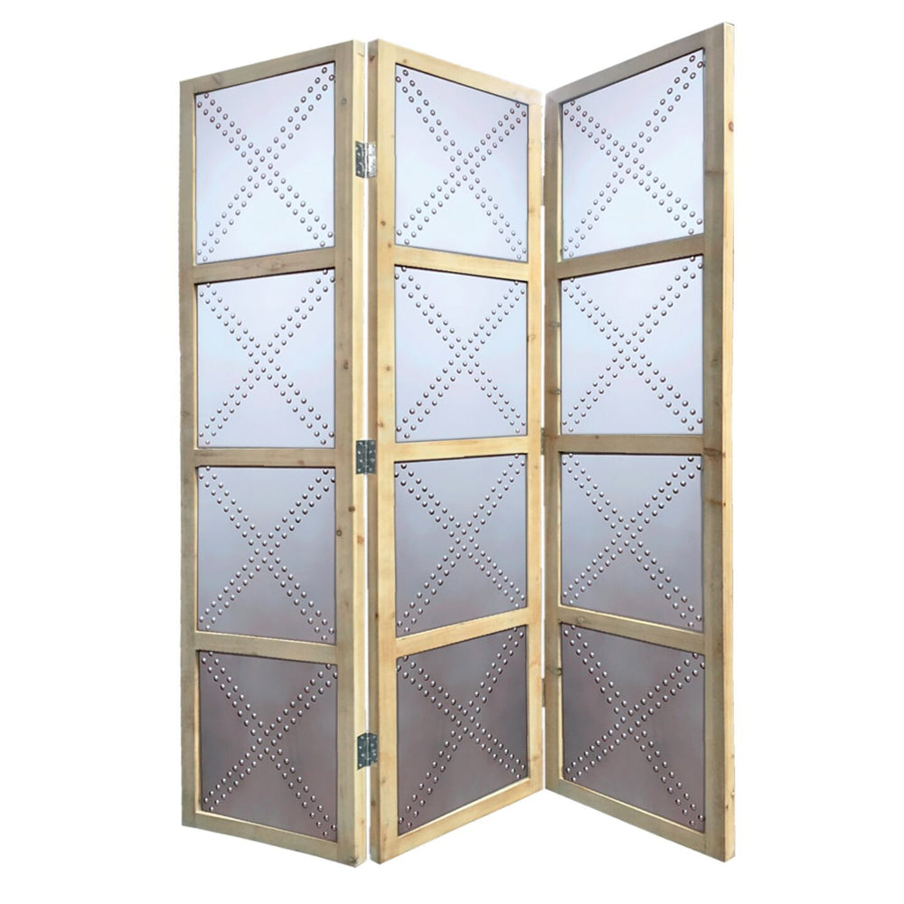 Homeroots 84" Silver Folding Three Panel Screen Room Divider  Wood 342746