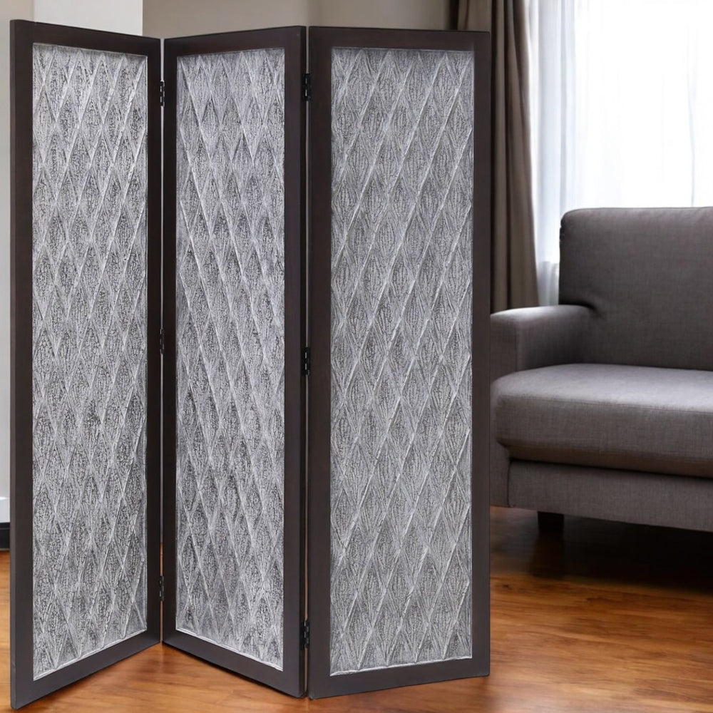 Homeroots 70" Brown Folding Three Panel Screen Room Divider  Wood 342749