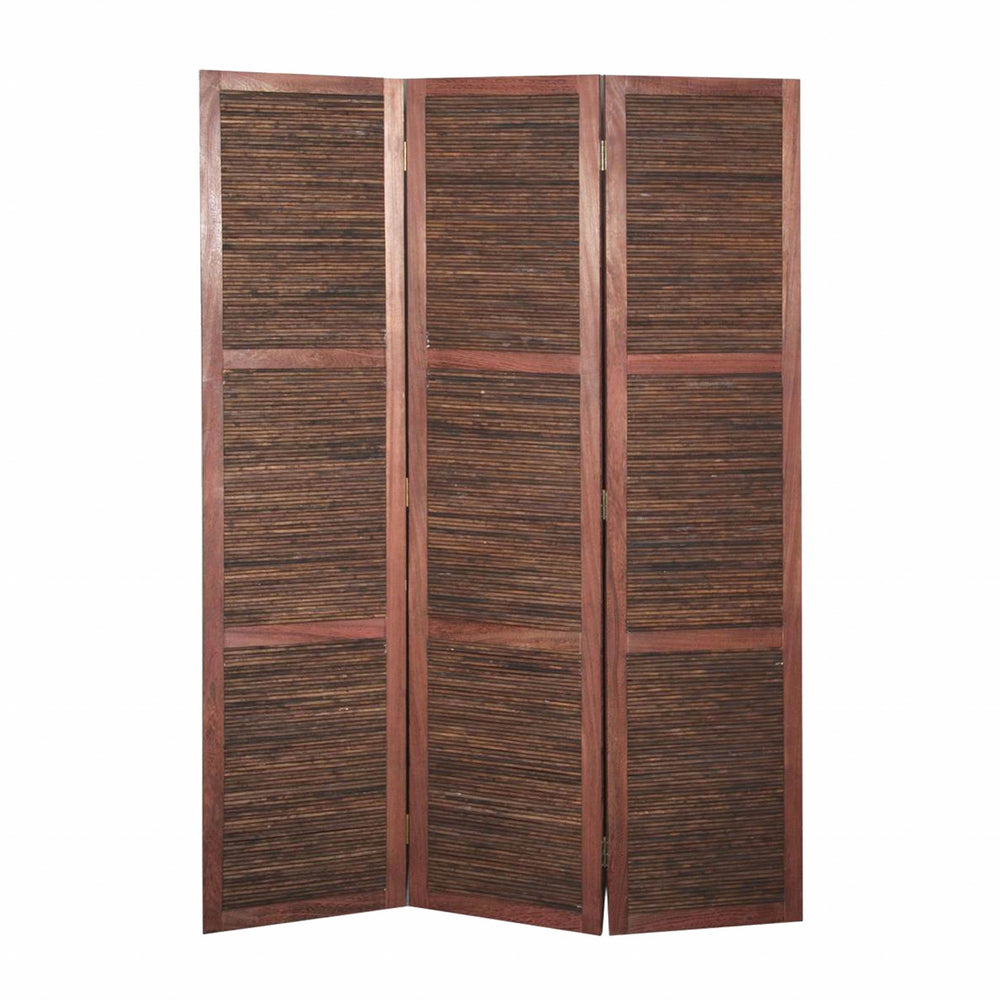 Homeroots 67" Brown Solid And Manufactured Wood Folding Three Panel Screen Room Divider   342750