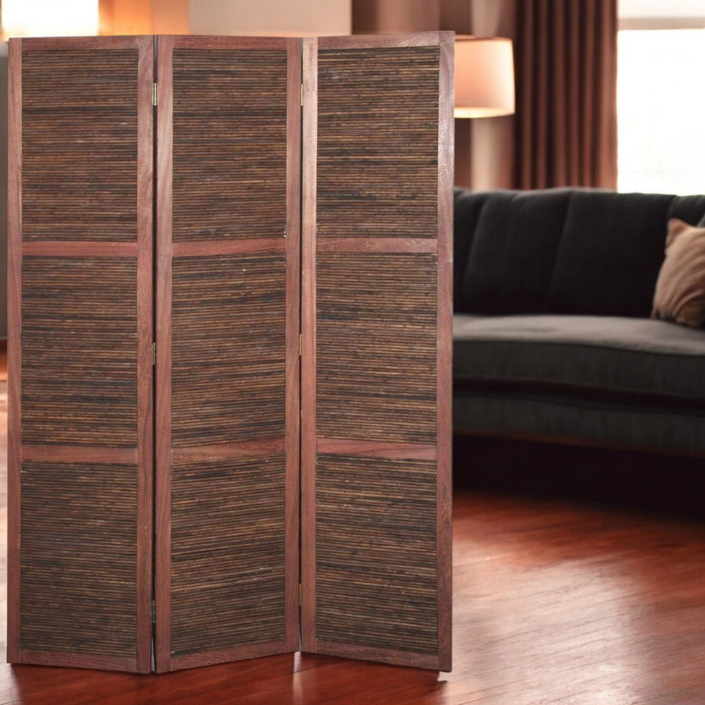Homeroots 67" Brown Solid And Manufactured Wood Folding Three Panel Screen Room Divider   342750