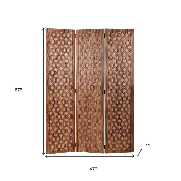 Homeroots 67" Brown Folding Three Panel Screen Room Divider  Wood 342753