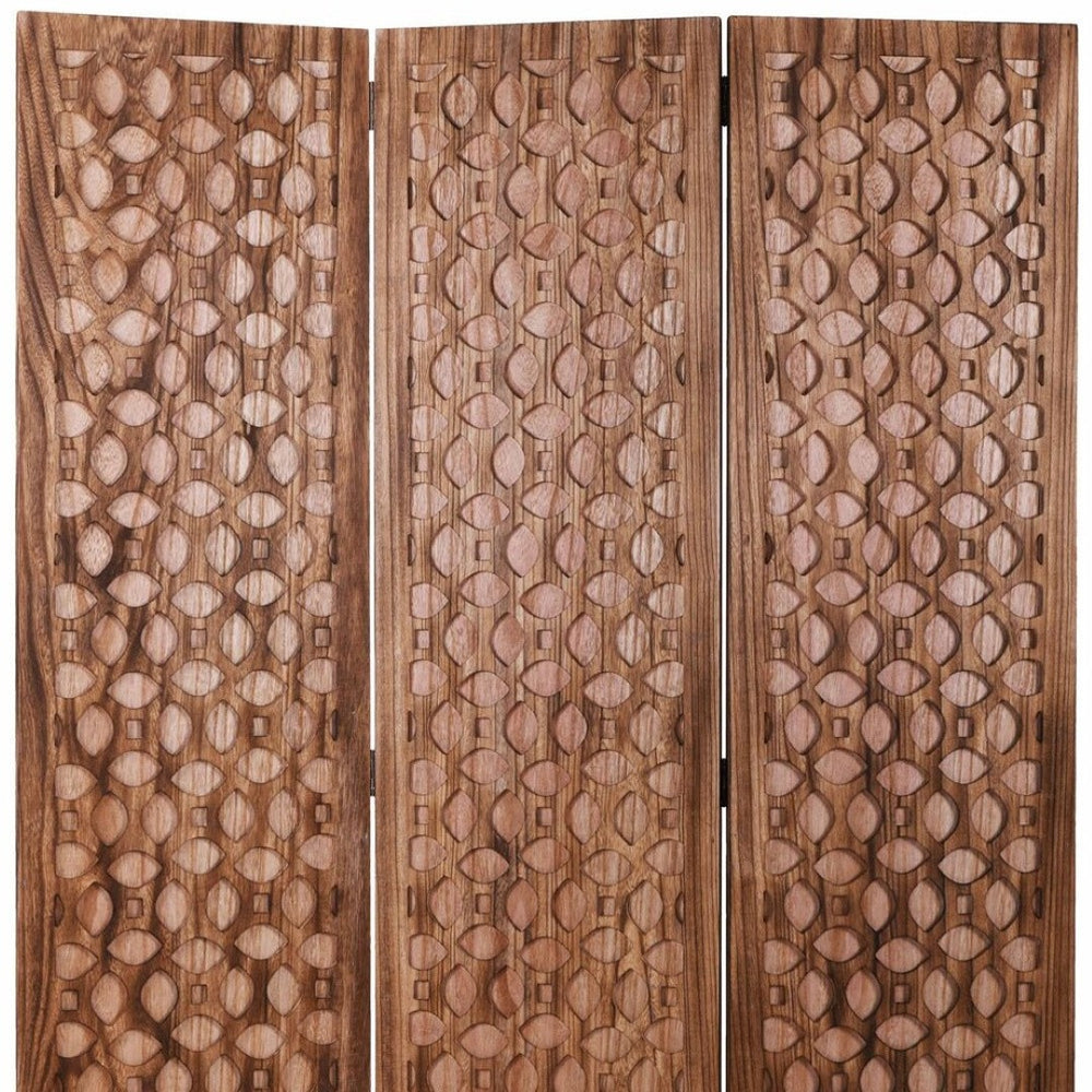 HomeRoots 67" Brown Folding Three Panel Screen Room Divider - Stylish Privacy Solution for Any Space! 342753