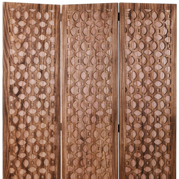 Homeroots 67" Brown Folding Three Panel Screen Room Divider  Wood 342753