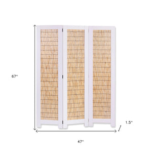 Homeroots 67" White And Natural Manufactured Wood Folding Three Panel Screen Room Divider   342754