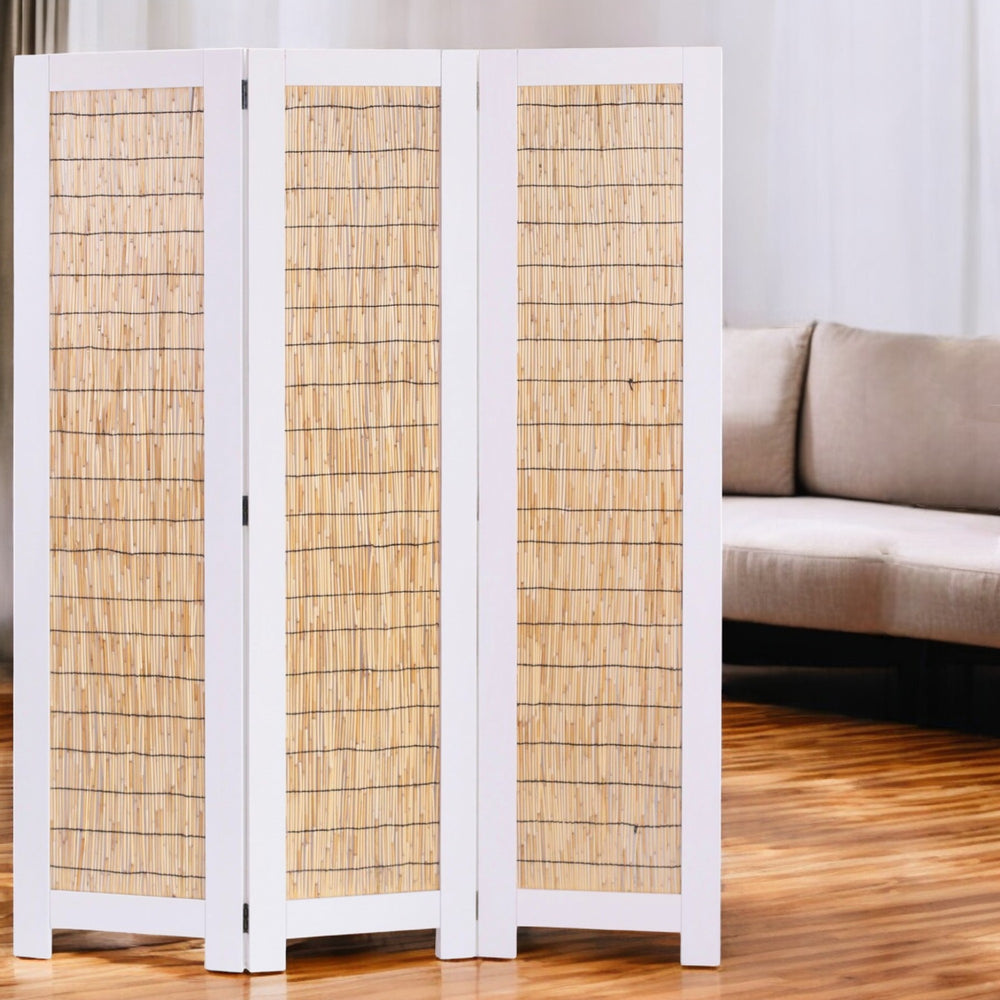 Homeroots 67" White And Natural Manufactured Wood Folding Three Panel Screen Room Divider   342754