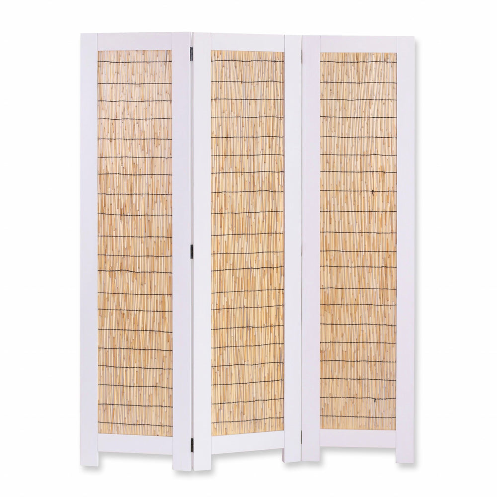 Homeroots 67" White And Natural Manufactured Wood Folding Three Panel Screen Room Divider   342754
