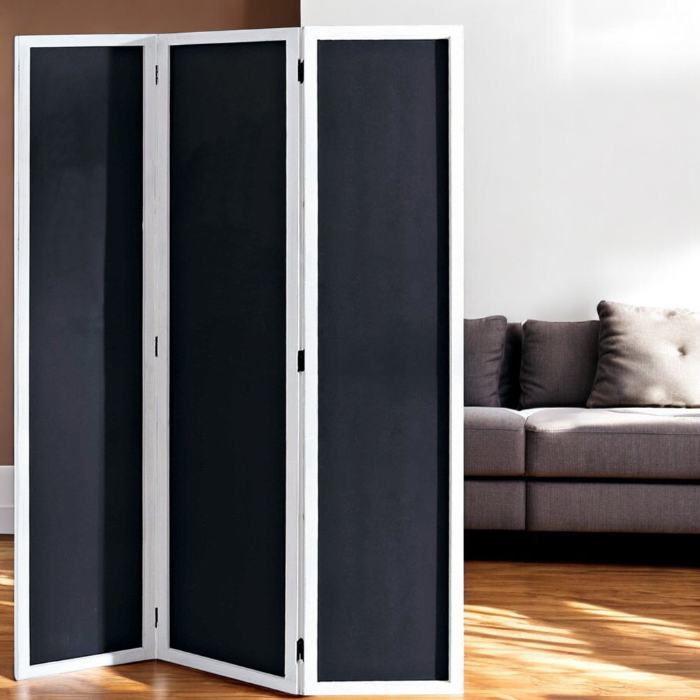Homeroots 67" Black And White Chalkboard Wood Folding Three Panel Screen Room Divider   342758