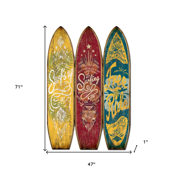 Homeroots 71" Blue Red And Yellow Solid Wood Folding Three Panel Screen Room Divider   342762