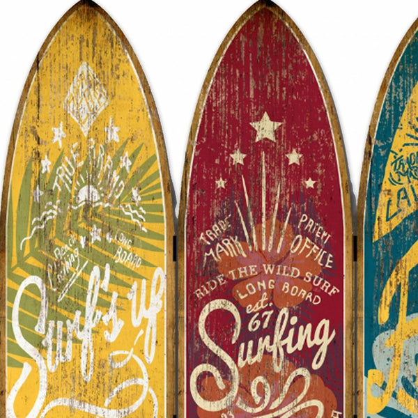 Homeroots 71" Blue Red And Yellow Solid Wood Folding Three Panel Screen Room Divider   342762