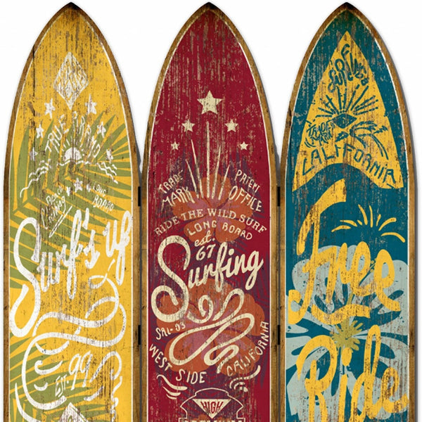 Homeroots 71" Blue Red And Yellow Solid Wood Folding Three Panel Screen Room Divider   342762