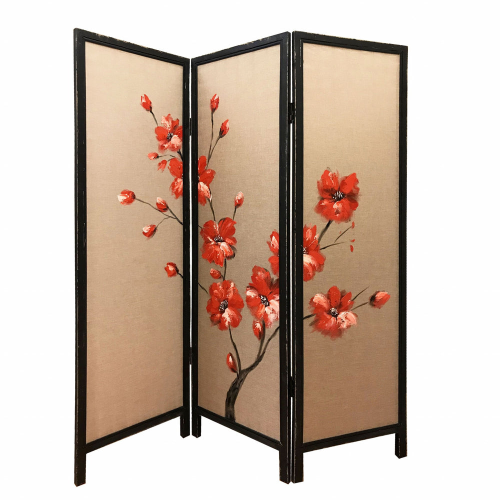 Homeroots 63" Brown Fabric Folding Three Panel Screen Room Divider   342765