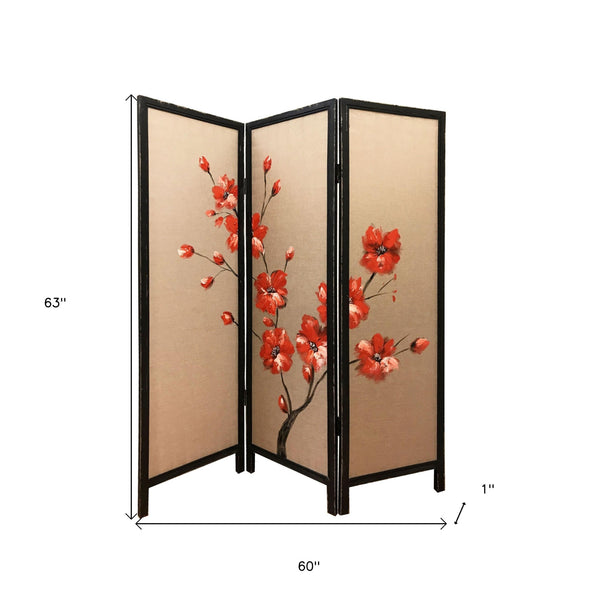 Homeroots 63" Brown Fabric Folding Three Panel Screen Room Divider   342765