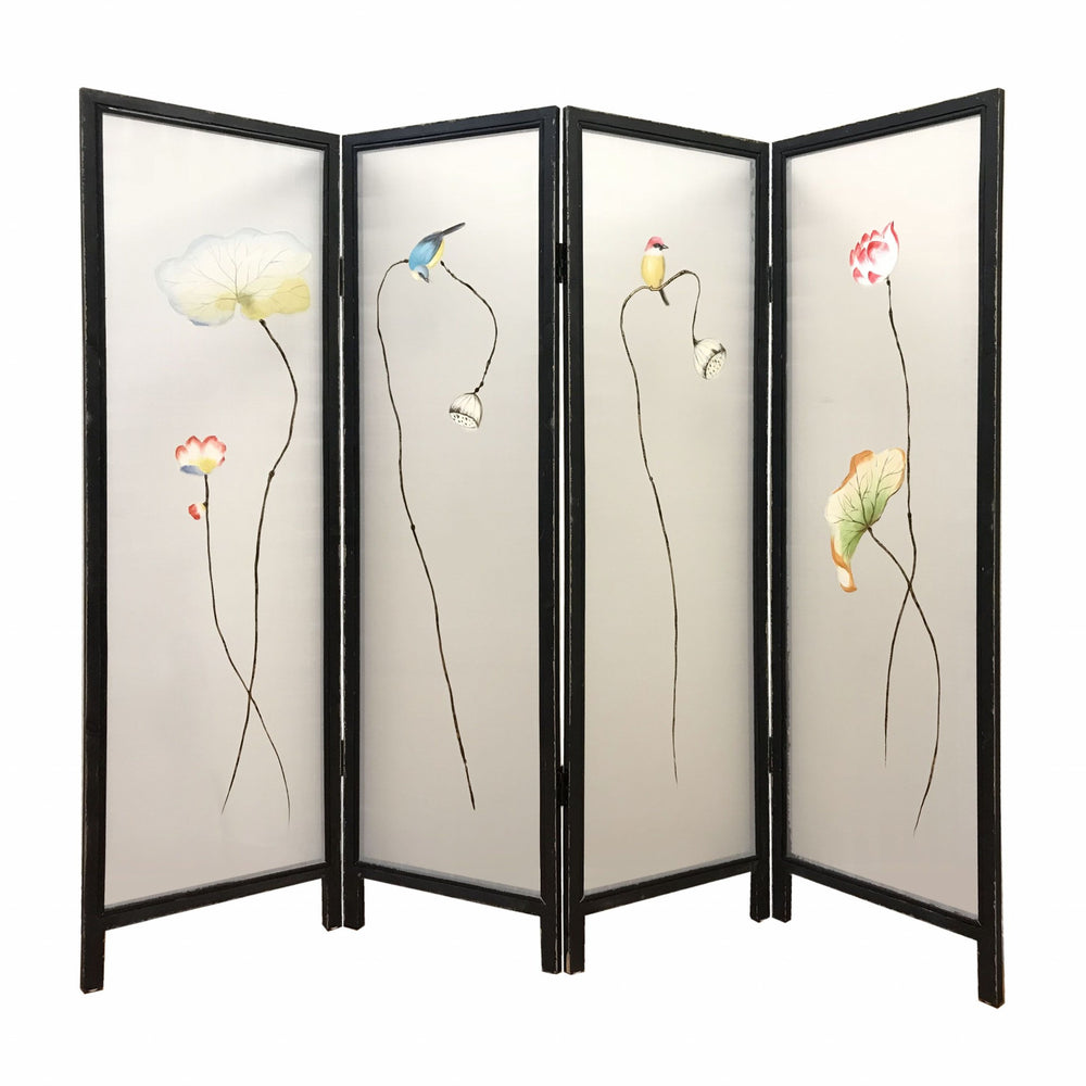 Homeroots 63" Black And White Fabric Folding Four Panel Screen Room Divider   342766