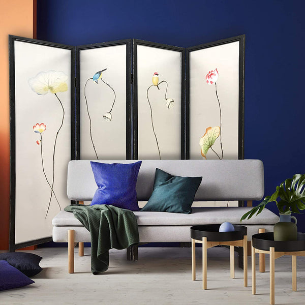 Homeroots 63" Black And White Fabric Folding Four Panel Screen Room Divider   342766