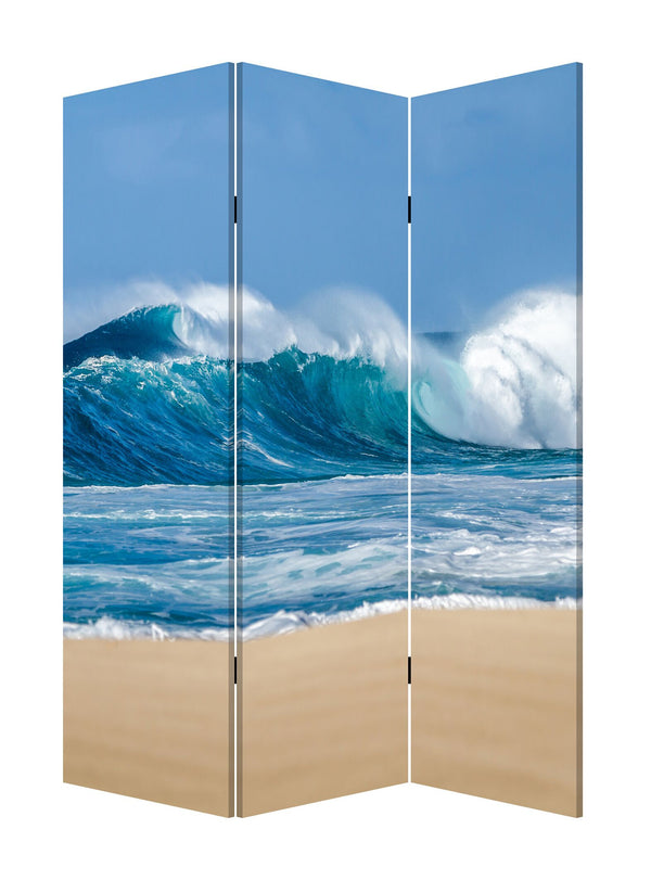 Homeroots 72" Blue And White Canvas Folding Three Panel Screen Room Divider  Cotton Canvas 342776