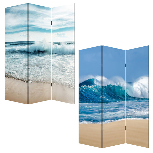 Homeroots 72" Blue And White Canvas Folding Three Panel Screen Room Divider  Cotton Canvas 342776