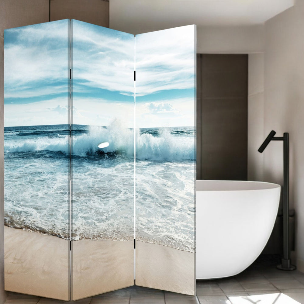 Homeroots 72" Blue And White Canvas Folding Three Panel Screen Room Divider  Cotton Canvas 342776