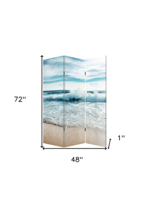 Homeroots 72" Blue And White Canvas Folding Three Panel Screen Room Divider  Cotton Canvas 342776