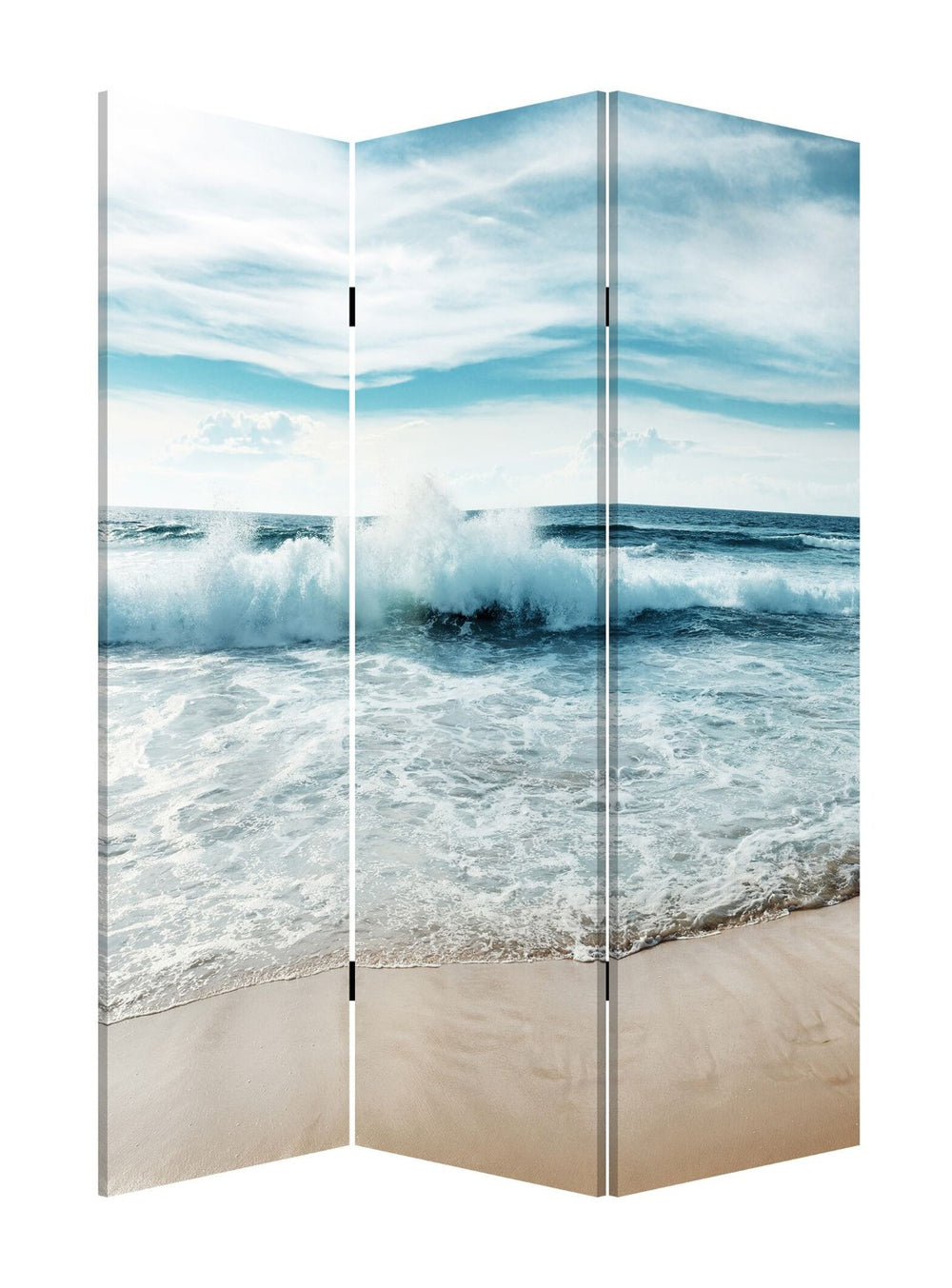 HomeRoots 72" Contemporary Blue and White Canvas Folding Three-Panel Screen Divider for Stylish Spaces 342776
