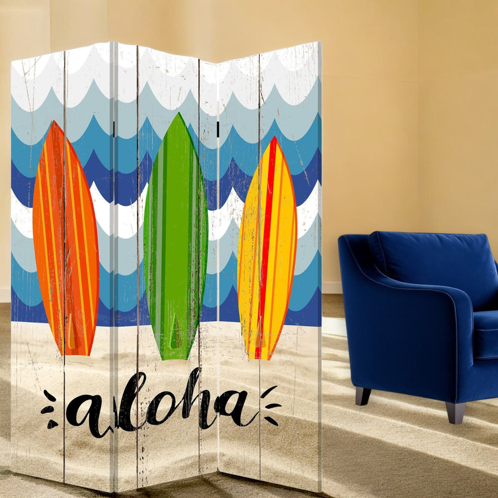 Homeroots 72" Blue And White Canvas Folding Three Panel Screen Room Divider  Cotton Canvas 342777