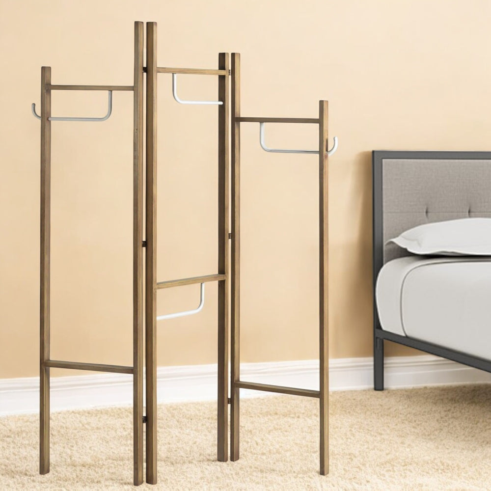 Homeroots 72" Brown Iron Folding Three Panel Screen Room Divider  Metal 342780