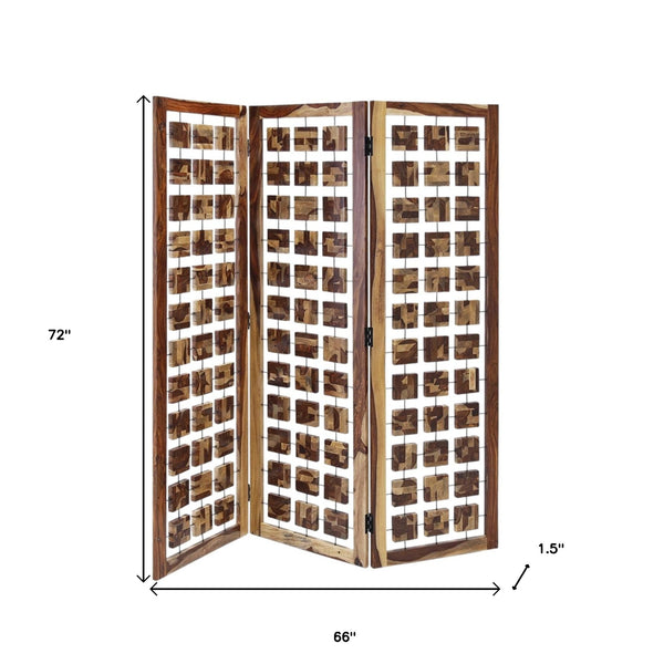 Homeroots 72" Brown Solid Wood Folding Three Panel Screen Room Divider   342781