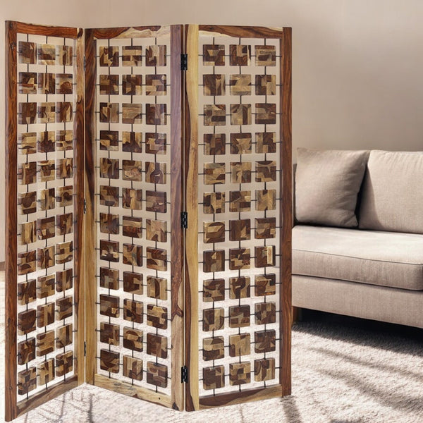 Homeroots 72" Brown Solid Wood Folding Three Panel Screen Room Divider   342781