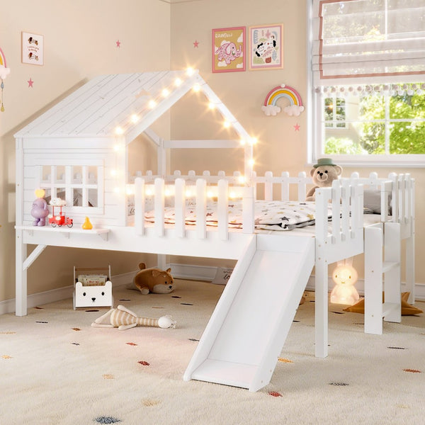 English Elm Twin Playhouse Loft Bed Solid Pine Frame with Slide Led Lights and Star Roof White W5316S00004