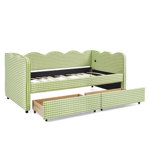 English Elm Twin Gingham Linen Daybed with Wave Silhouette Usb Port and Dual Storage Drawers Green W1413S00143