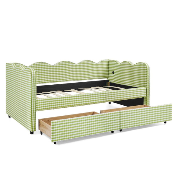 English Elm Twin Gingham Linen Daybed with Wave Silhouette Usb Port and Dual Storage Drawers Green W1413S00143