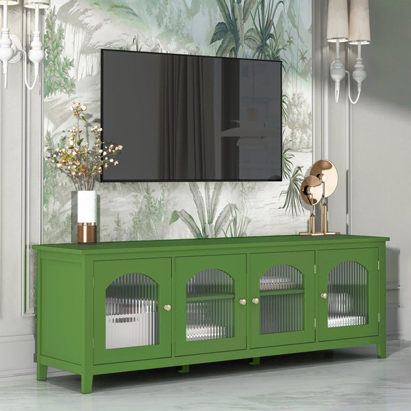English Elm 71-inch Antique Green TV Console Table with Solid Wood Frame, Changhong Glass Doors & Metal Handles — Stylish Media Center for Bedroom or Kids' Room (74.8x22.05x7.87) W67966833