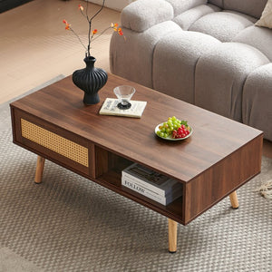 English Elm Pe Rattan Coffee Table With Sliding Storage Door, Solid Wood Legs, Modern Walnut Finish For Living Room W1265P236868-GIGA