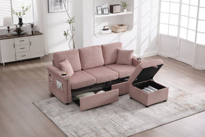 English Elm UNITED Corduroy L-Shaped Sectional Sofa with Storage Ottoman, USB Ports, Cup Holders & LED Lighting Pink W1568P332401
