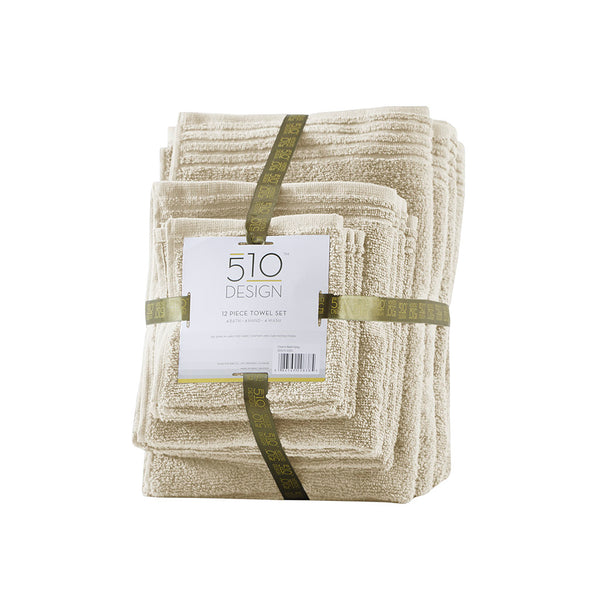 JLA Home 510 Design - 100% Cotton zero-twist 12-piece towel set — quick-dry, ultra-absorbent bath, hand & washcloths, OEKO-TEX certified Beige 5DS73-0217