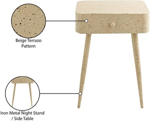 Meridian Furniture Rylan Iron Nightstand with Drawer and Terrazzo Finish for Modern Bedroom Bedside Storage Beige 342Beige
