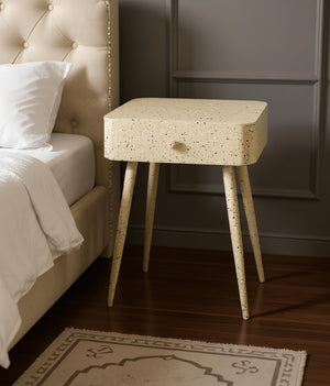 Meridian Furniture Rylan Iron Nightstand with Drawer and Terrazzo Finish for Modern Bedroom Bedside Storage Beige 342Beige