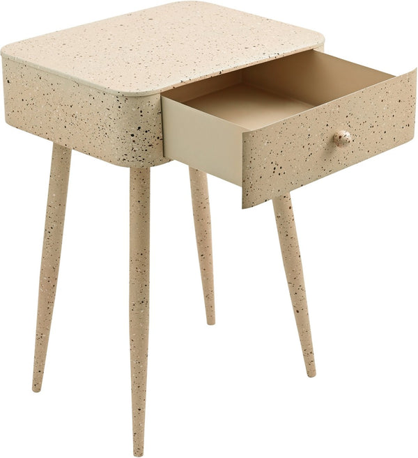 Meridian Furniture Rylan Iron Nightstand with Drawer and Terrazzo Finish for Modern Bedroom Bedside Storage Beige 342Beige