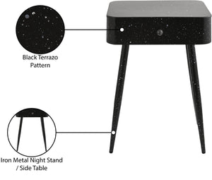 Meridian Furniture Rylan Iron Nightstand with Drawer and Terrazzo Finish for Modern Bedroom Bedside Storage Black 342Black