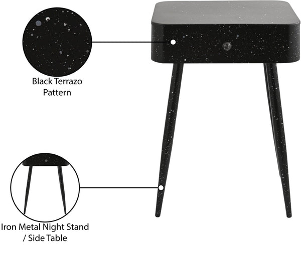 Meridian Furniture Rylan Iron Nightstand with Drawer and Terrazzo Finish for Modern Bedroom Bedside Storage Black 342Black