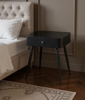 Meridian Furniture Rylan Iron Nightstand with Drawer and Terrazzo Finish for Modern Bedroom Bedside Storage Black 342Black