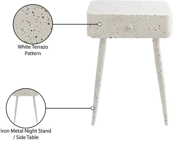 Meridian Furniture Rylan Iron Nightstand with Drawer and Terrazzo Finish for Modern Bedroom Bedside Storage White 342White