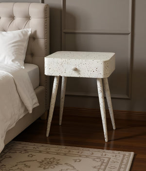 Meridian Furniture Rylan Iron Nightstand with Drawer and Terrazzo Finish for Modern Bedroom Bedside Storage White 342White