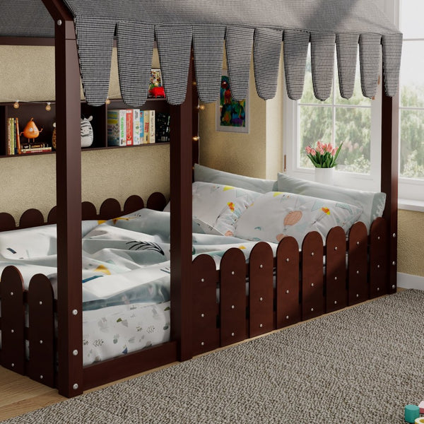 English Elm {slats Are Not Included} Twin Montessori House Floor Bed Kids Tent Lights Shelves Pinewood Frame Espresso N708P407963P