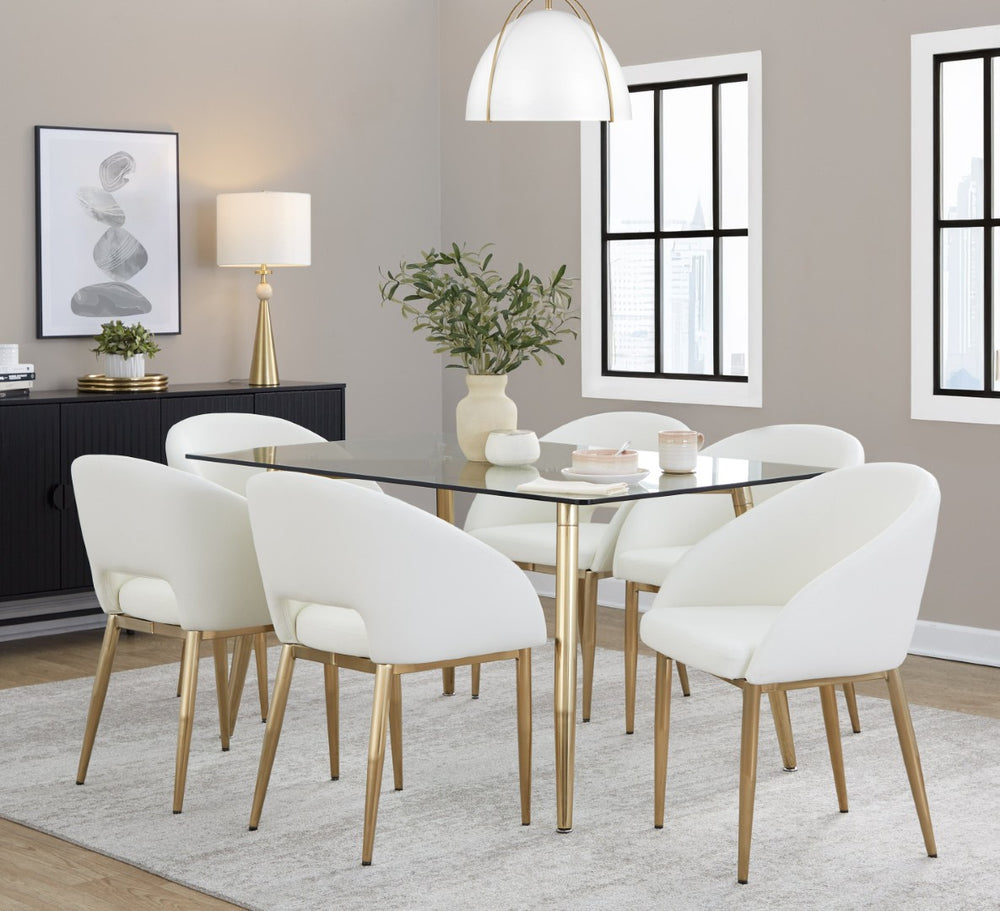 English Elm Dining Table with Gold Metal Legs and Tempered Glass Top for Glam Modern Spaces B202S02138