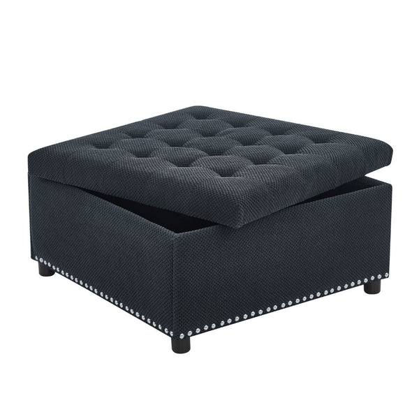 English Elm Storage Ottoman Tufted Nailhead Trim Lift Top Footstool for Living Room or Bedroom Black W5568P447086