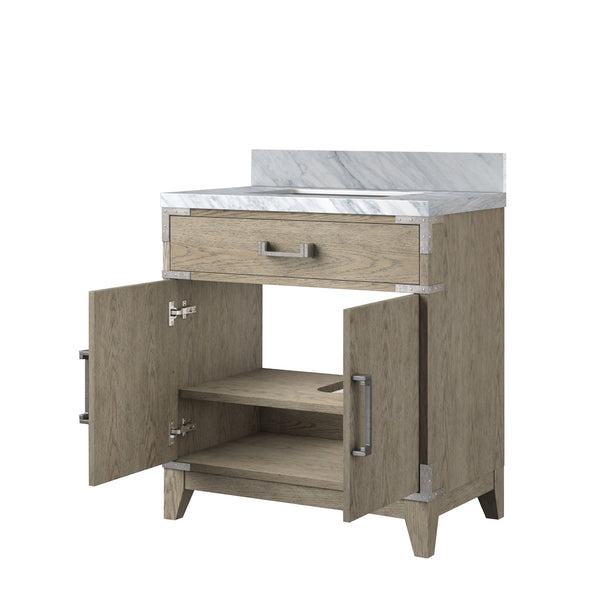English Elm Grey Oak Single Bath Vanity 30" W X 22" D With Elegant Carrara Marble Top For Stylish Storage Solutions B2731P259762