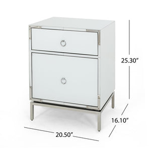 English Elm Christopher Knight Home® - Modern White End Table Nightstand with 2 Drawers, Mirrored Silver Trim & Legs, Compact Glass Bedside 65936.00