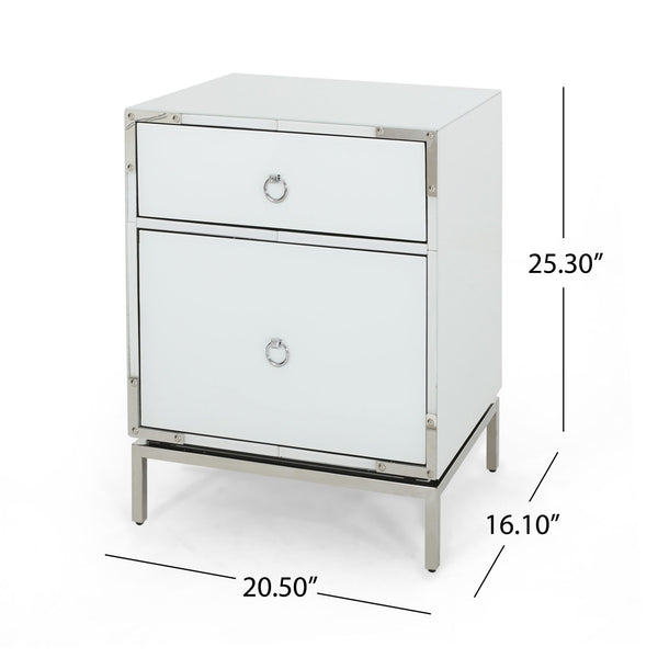 English Elm Christopher Knight Home® - Modern White End Table Nightstand with 2 Drawers, Mirrored Silver Trim & Legs, Compact Glass Bedside 65936.00