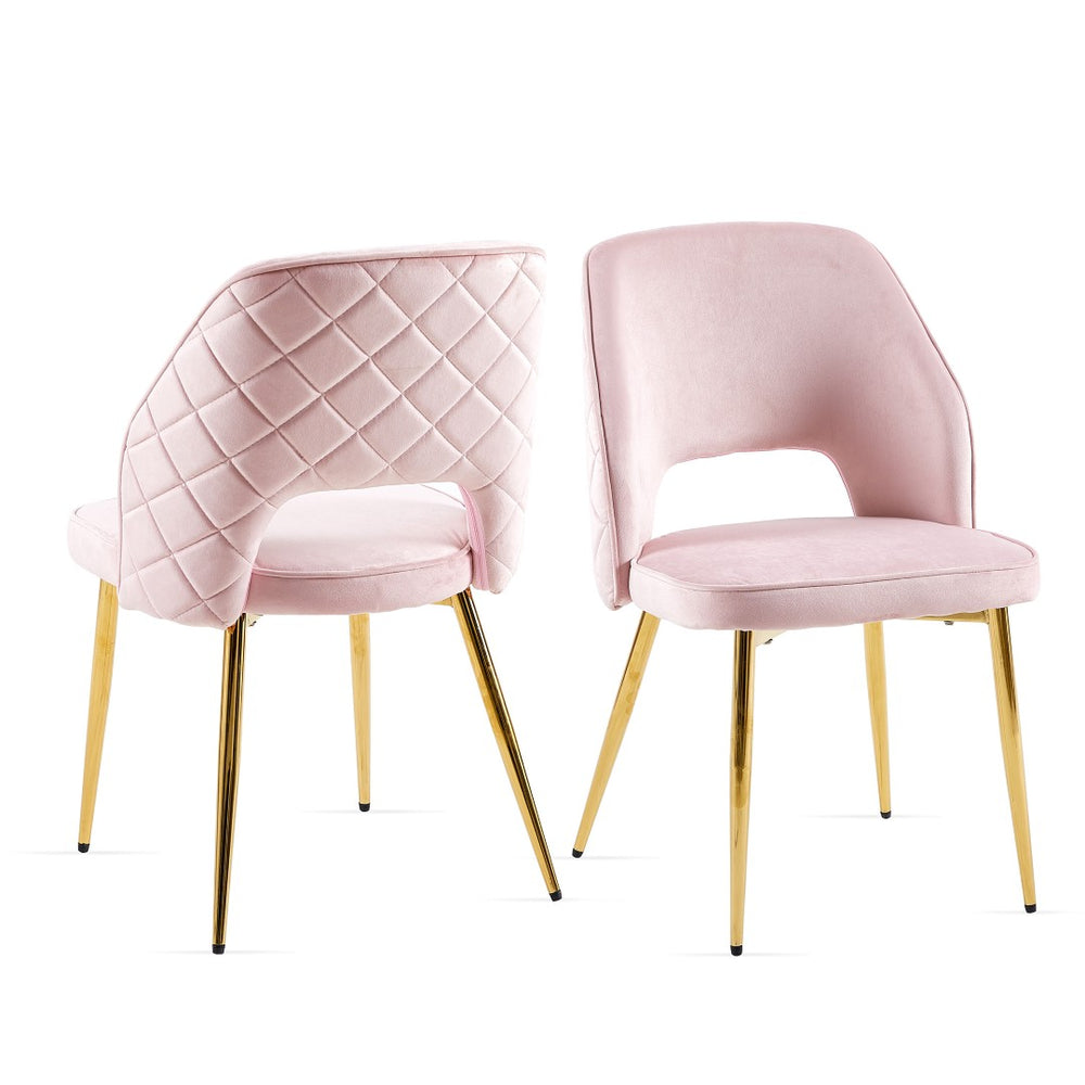 English Elm Pink Velvet Upholstered Dining Chairs with Gold Legs and Hollow Back Set of 2 W1164P271252